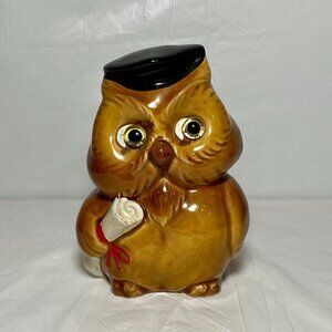 Vintage Lefton Graduation Owl Piggy/Coin Money Bank Cap Diploma Glass Eyes Bird